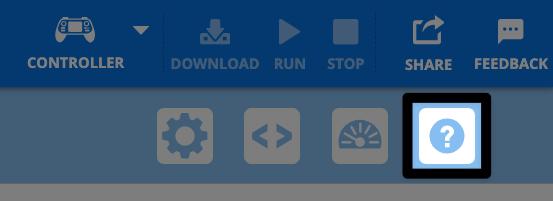 Ein Screenshot in Nahaufnahme zeigt die obere rechte Seite der VEXcode AIR Toolbar, wobei das Fragezeichen-Hilfesymbol unterhalb der Schaltflächen „Teilen“ und „Feedback“ hervorgehoben ist.