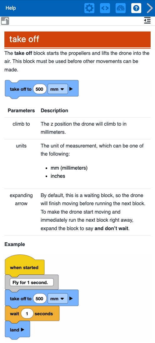 Rechts neben VEXcode AIR befindet sich ein Hilfefenster, das den vollständigen Eintrag für den Start anzeigt, einschließlich einer Beschreibung, eines Bildes des Blocks, einer Parametertabelle und eines Beispielcode-Ausschnitts.