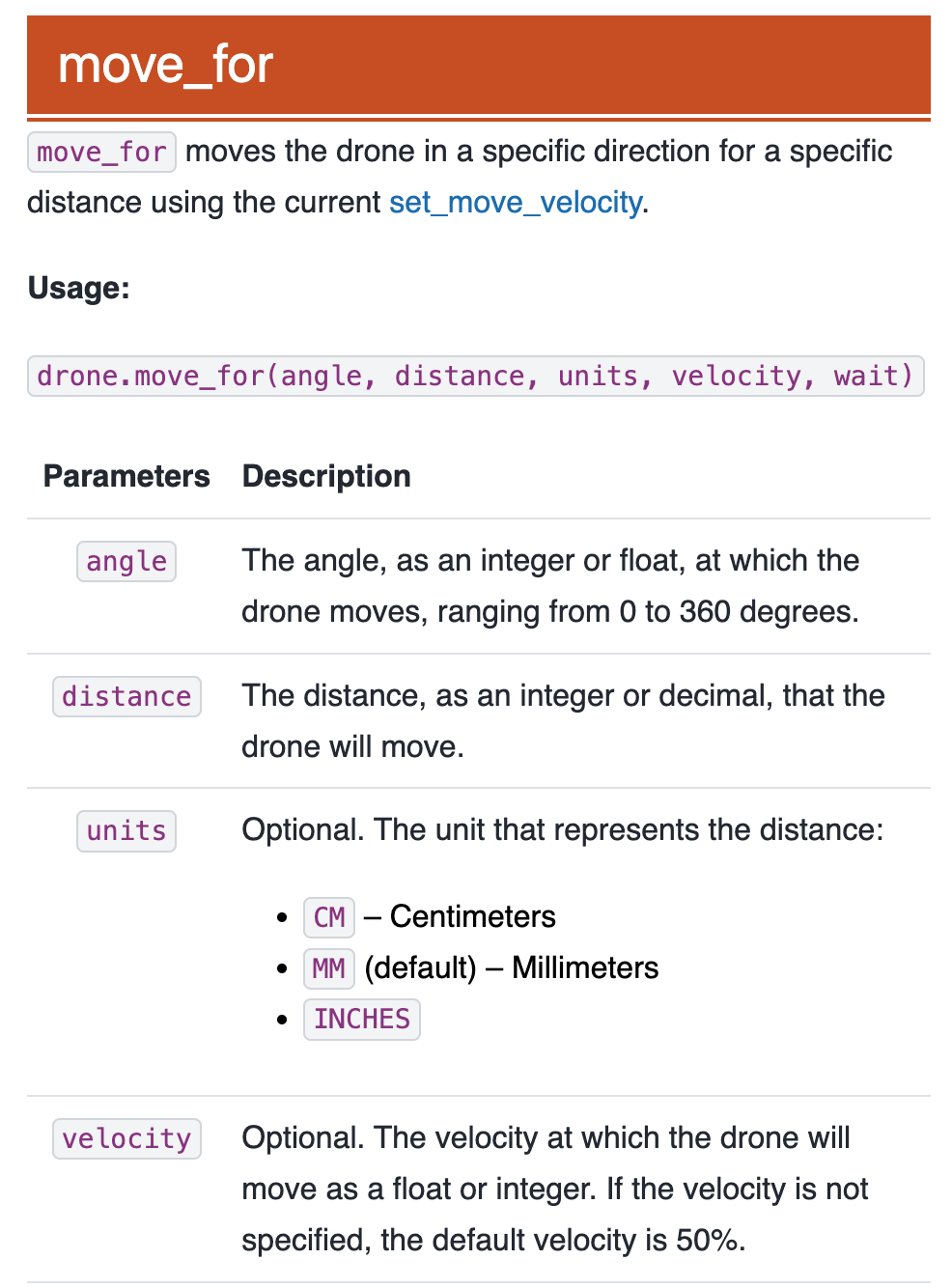VEXcode Python yardım bölümünün move_for komutu için yakın çekimi. Yön, mesafe, hız ve birimlere ilişkin tanımlar da dahil olmak üzere parametreler ayrıntılı olarak açıklanmıştır.