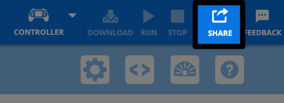 Die obere rechte Ecke der VEXcode AIR Toolbar, wobei die Schaltfläche "Teilen" links neben der Schaltfläche "Feedback" und rechts neben der Schaltfläche "Stopp" hervorgehoben ist.