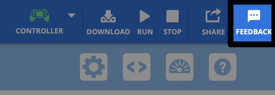 Die obere rechte Ecke der VEXcode AIR Toolbar, wobei die Feedback-Schaltfläche rechts neben der Teilen-Schaltfläche hervorgehoben ist.
