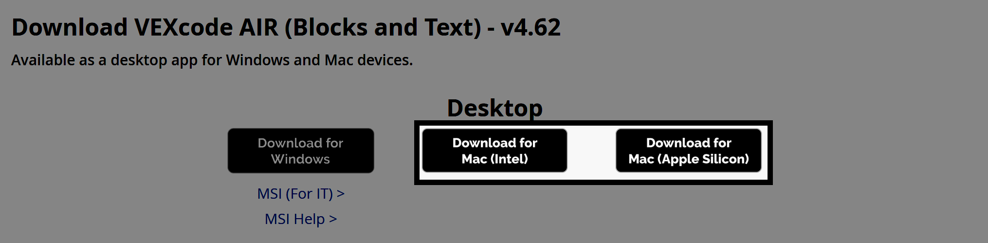 Stránka pro stahování VEXcode AIR verze 4.62 s tlačítky pro stažení pro Windows, Mac (Intel) a Mac (Apple Silicon).