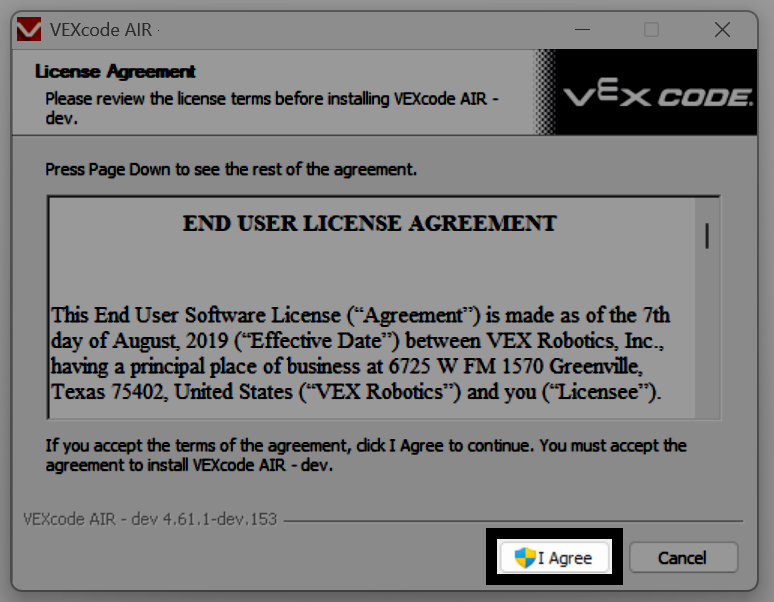 VEXcode AIR iestatīšanas logs, kurā redzams lietotāja licences līgums ar iezīmētu pogu “Piekrītu”.