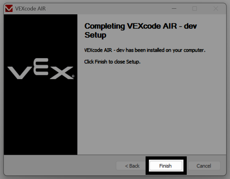インストールを確認する VEXcode AIR セットアップ完了ウィンドウで、[完了] ボタンが強調表示されています。