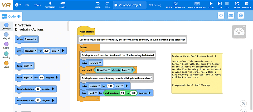 مشروع مثال VEXcode مع كتل من عدة فئات لعرض مخطط الألوان عالي التباين. يحتوي مخطط الألوان هذا على ألوان كتلة أفتح ويستخدم نصًا باللون الأسود.