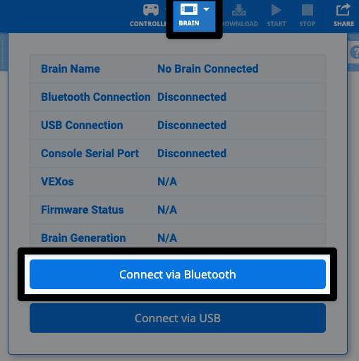 VEXcode IQ พร้อมเมนูแบบดรอปดาวน์ Brain เปิดอยู่และปุ่ม Connect via Bluetooth ถูกเน้นไว้