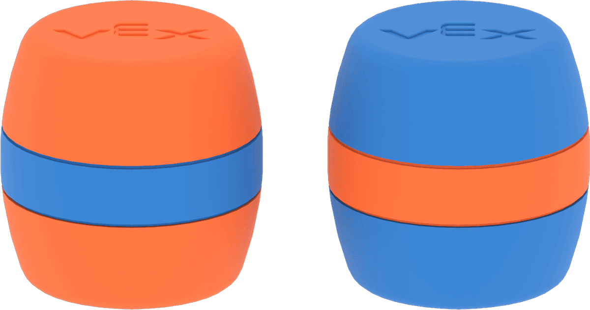 Links is een oranje vat te zien met een blauwe streep om het midden. Rechts is een blauw vat te zien met een oranje streep om het midden.