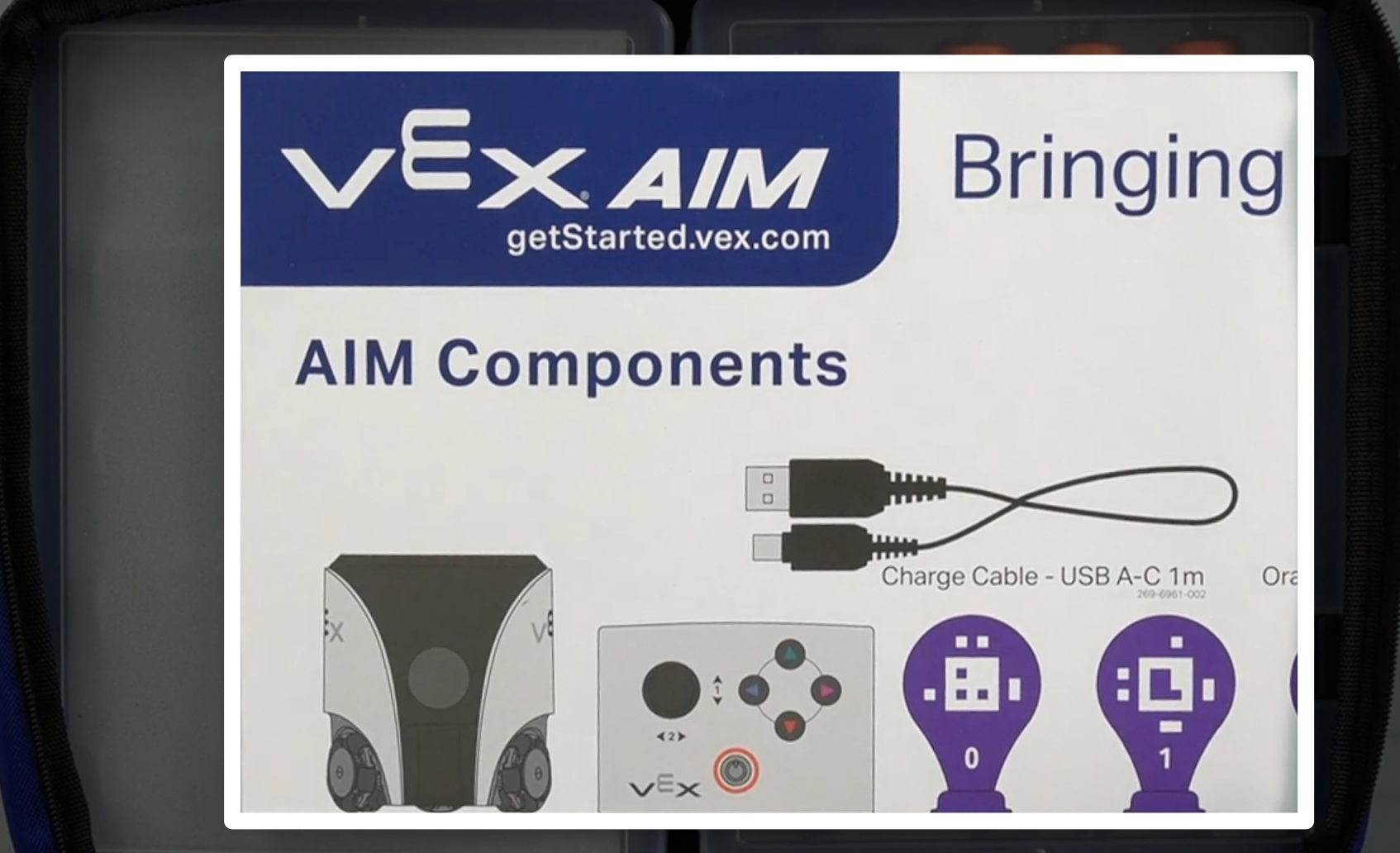 Una vista de arriba hacia abajo de la bolsa de paquetes al abrirla por primera vez, que muestra el póster plegado sentado encima de los kits de robots AIM.