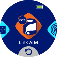 AIM-skärm med en ikon som visar en AIM-robot och en länkbild längst upp till vänster på kontrollenheten. Etiketten Länk AIM finns under ikonen.