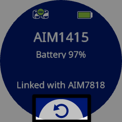ข้อมูลสำหรับหุ่นยนต์ AIM จะปรากฏบนหน้าจอ และไฮไลต์อยู่ตรงกลางด้านล่างคือลูกศรโค้งกลับในปุ่มสีเทา ซึ่งระบุว่าต้องเลือกสิ่งใดเพื่อออกจากหน้าจอนี้