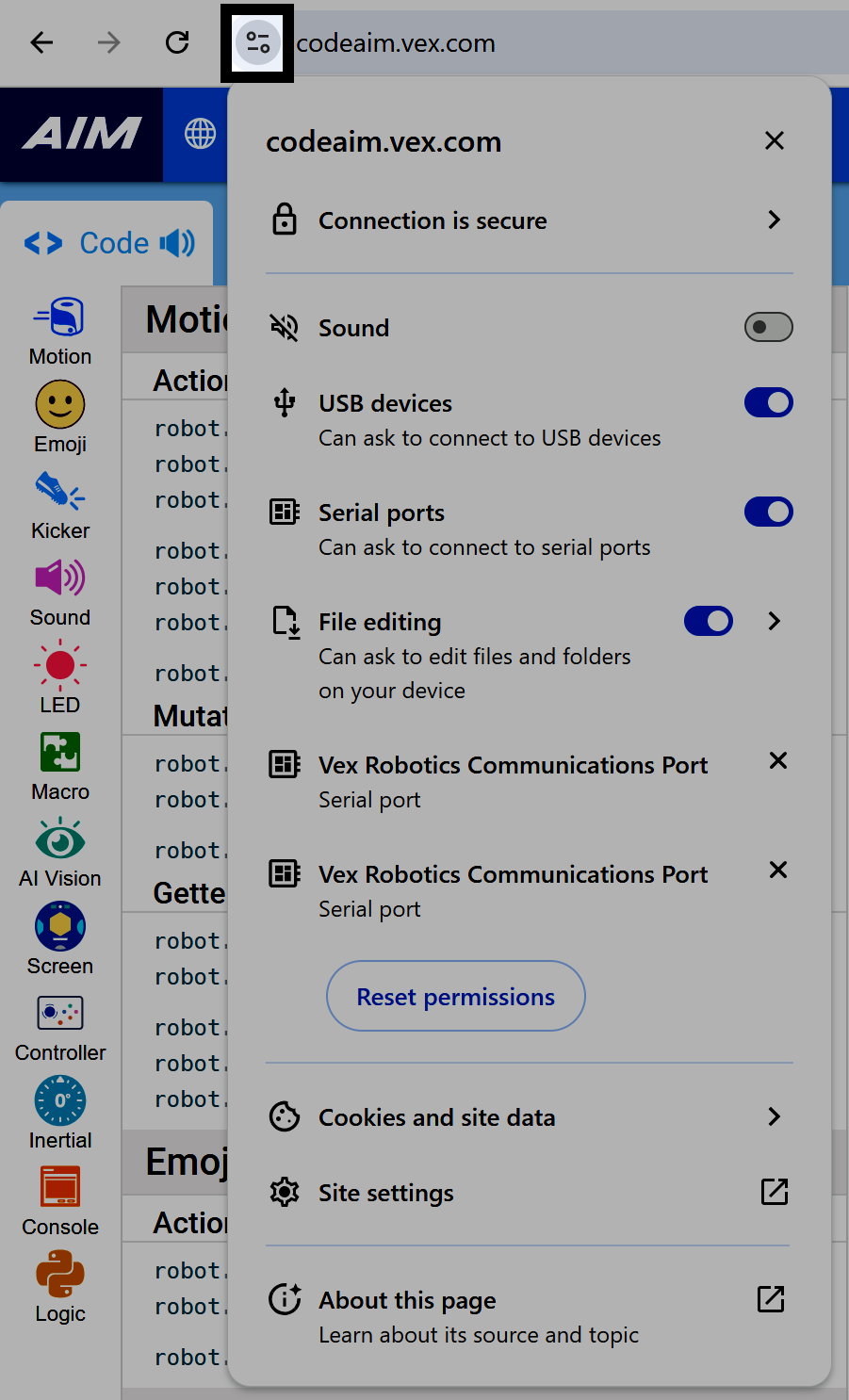 Painel de informações do browser para codeaim.vex.com mostrando que a ligação é segura, as definições de som e as permissões da porta de comunicação da Vex Robotics.