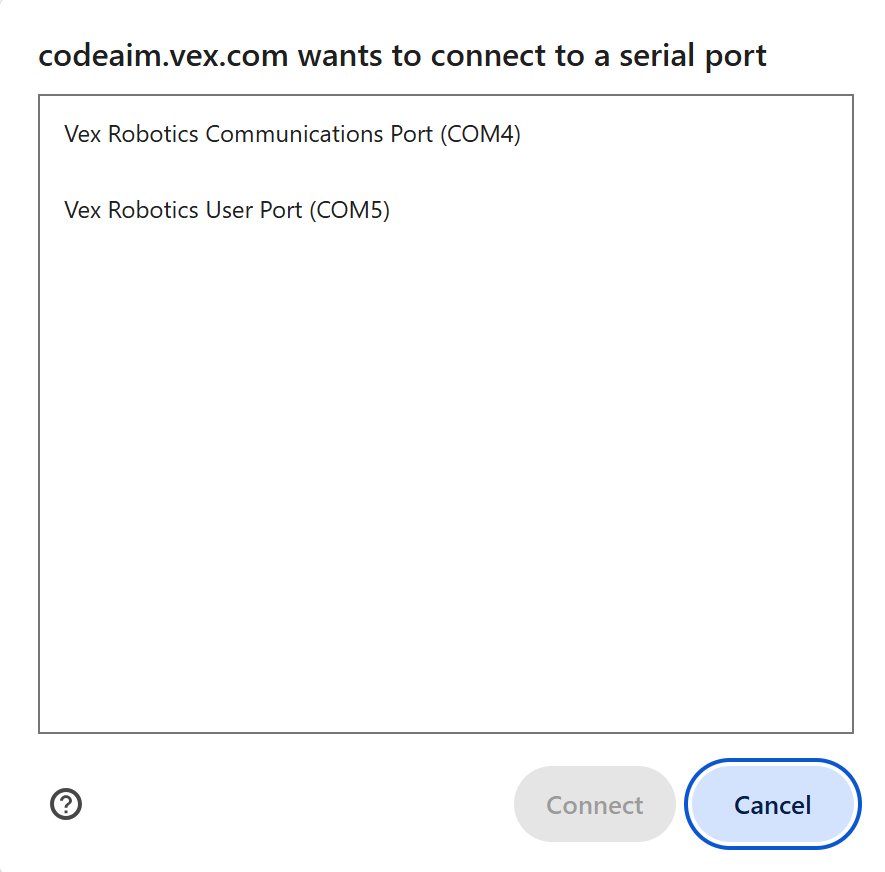 Cuadro de diálogo emergente de codeaim.vex.com que solicita conectarse a un puerto serie, enumerando el puerto de comunicaciones de Vex Robotics (COM4) y el puerto de usuario de Vex Robotics (COM5), con las opciones Cancelar y Conectar.