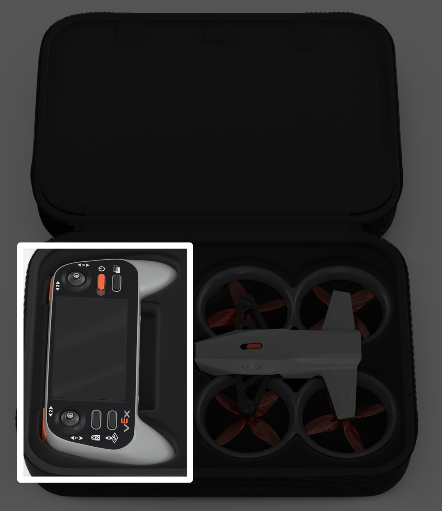  VEX AIR ドローン キット ケース。左半分にコントローラーのコールアウトがあります。
