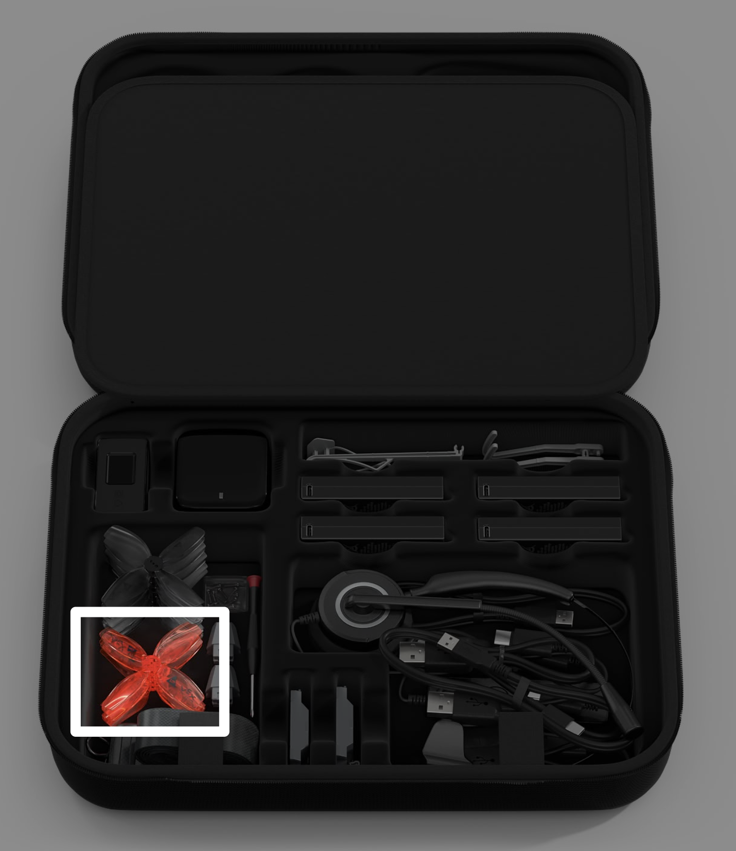 Casing Kit Drone VEX AIR dengan keterangan pada baling-baling oranye di sisi kiri casing, di bawah baling-baling lainnya.