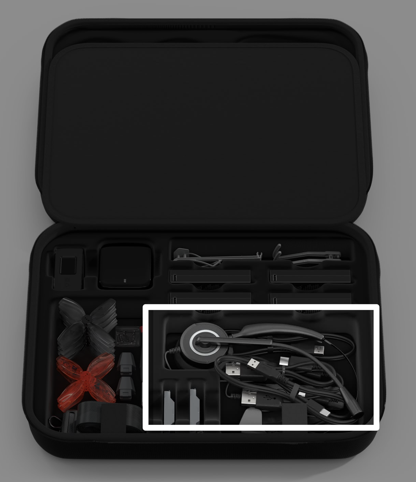 เคส VEX AIR Drone Kit พร้อมคำอธิบายเกี่ยวกับชุดหูฟังในส่วนขวาเดียวกับสาย USB