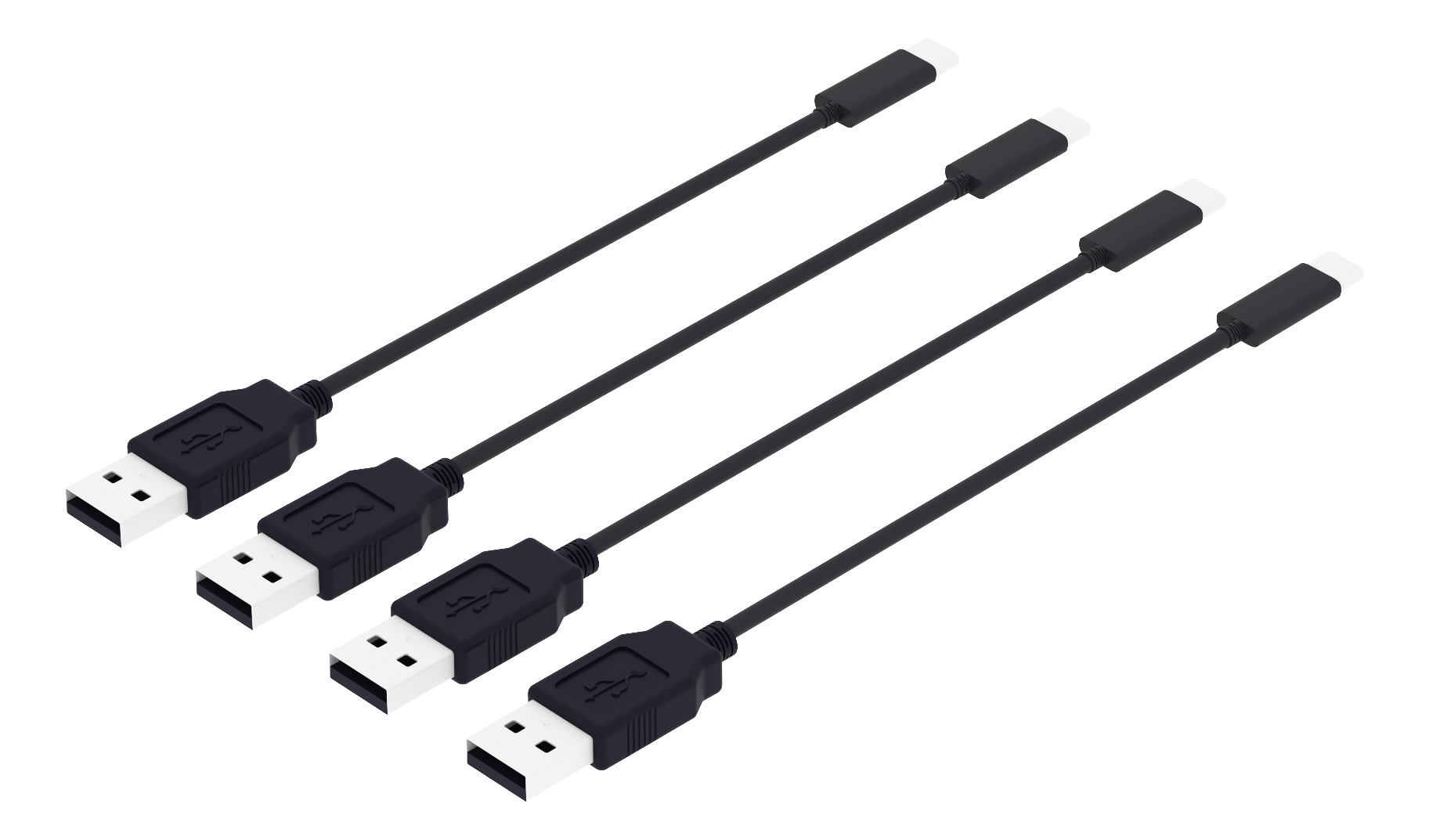 4 īsi USB kabeļi rindā.