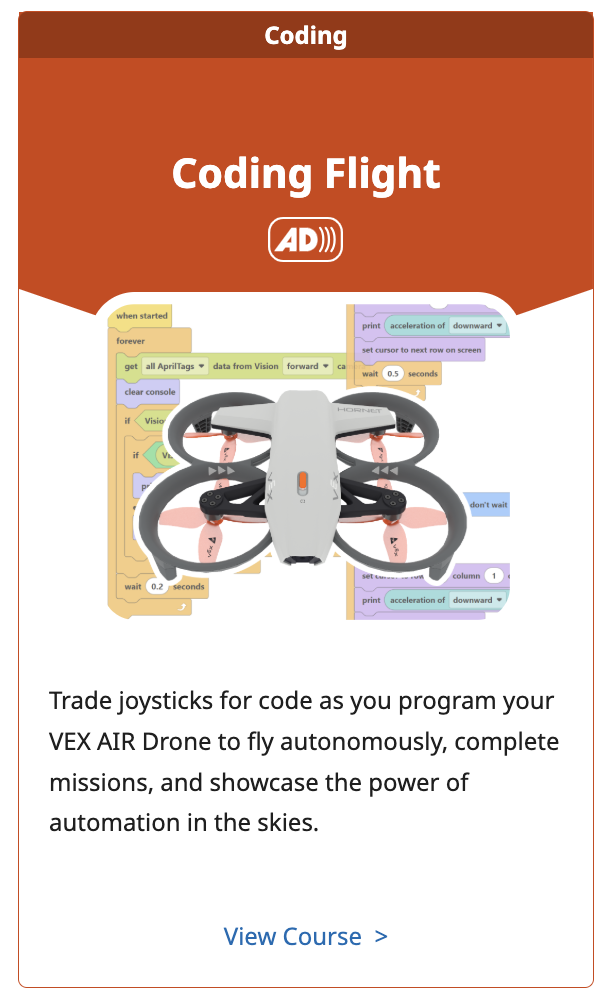 يظهر مربع مسار رحلة الترميز طائرة بدون طيار VEX AIR فوق مشروع كتل VEXcode AIR.