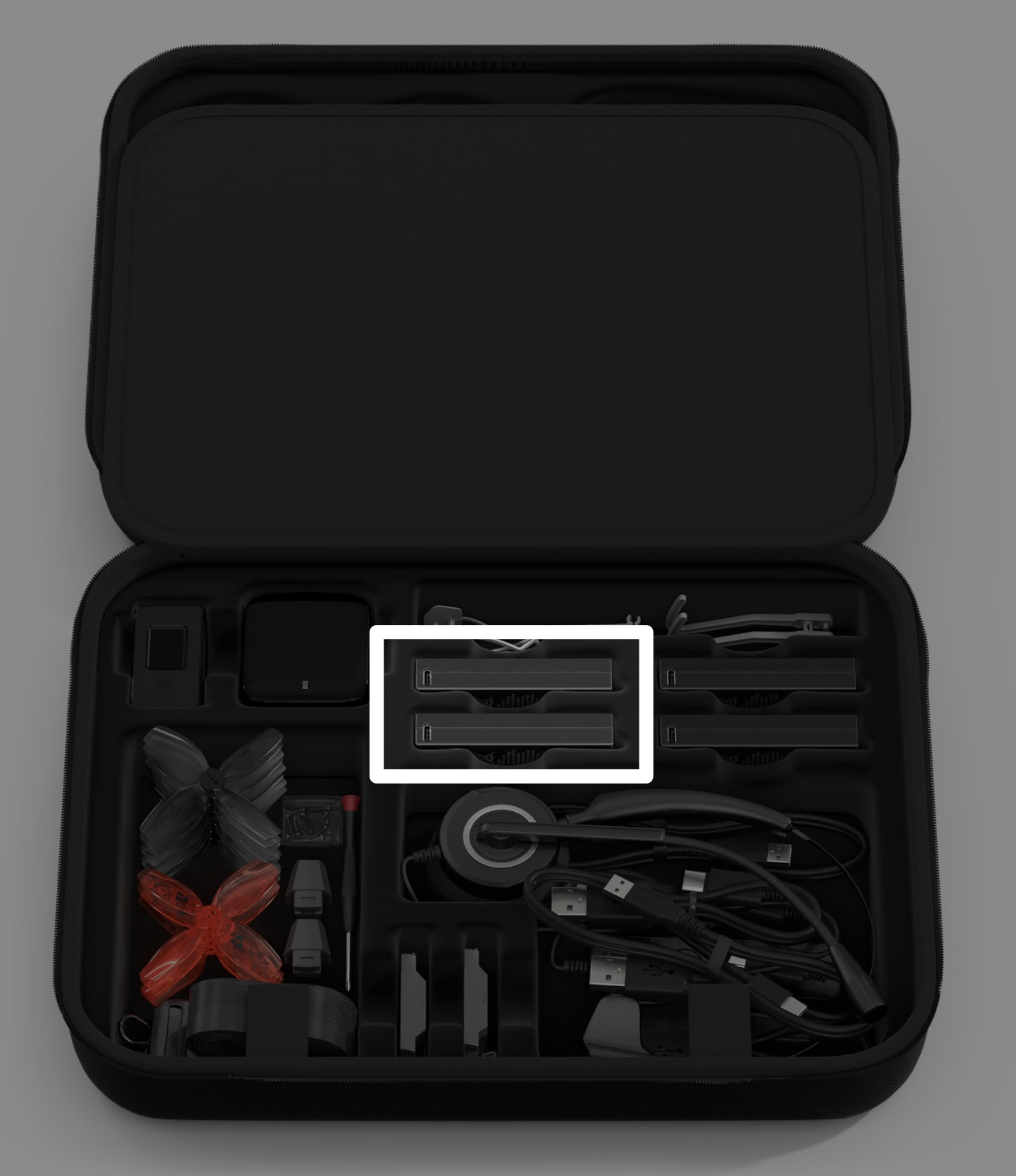 VEX AIR Drone Kit-väska med en information om de 2 batterierna i mitten av väskan.