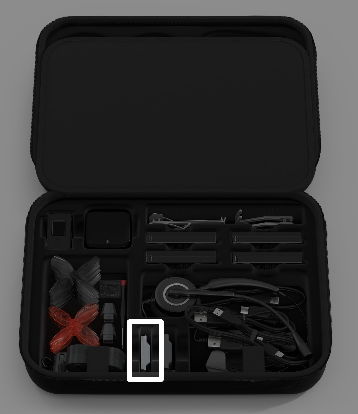 VEX AIR Drone Kit çantası, çantanın alt orta kısmında pasif görev modülüne ait bir açıklama ile birlikte.