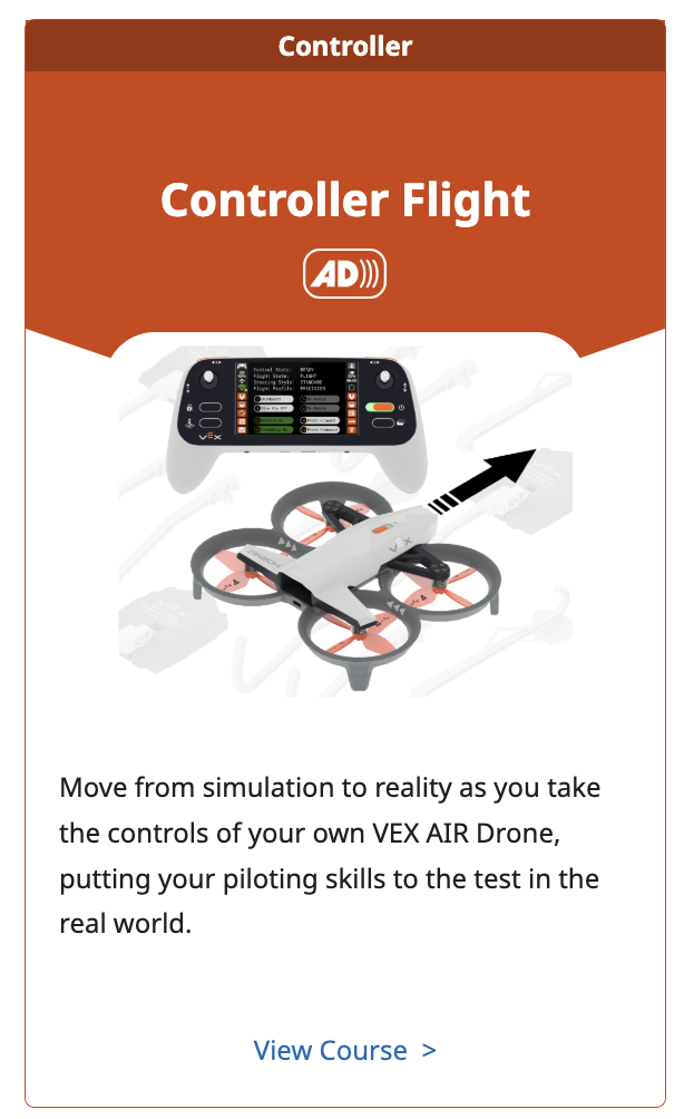 La tuile « Parcours de vol du contrôleur » affiche le contrôleur de drone VEX AIR avec la liste de vérification avant vol à l'écran, et un drone avec une flèche représentant la vision du drone sortant de la caméra avant.