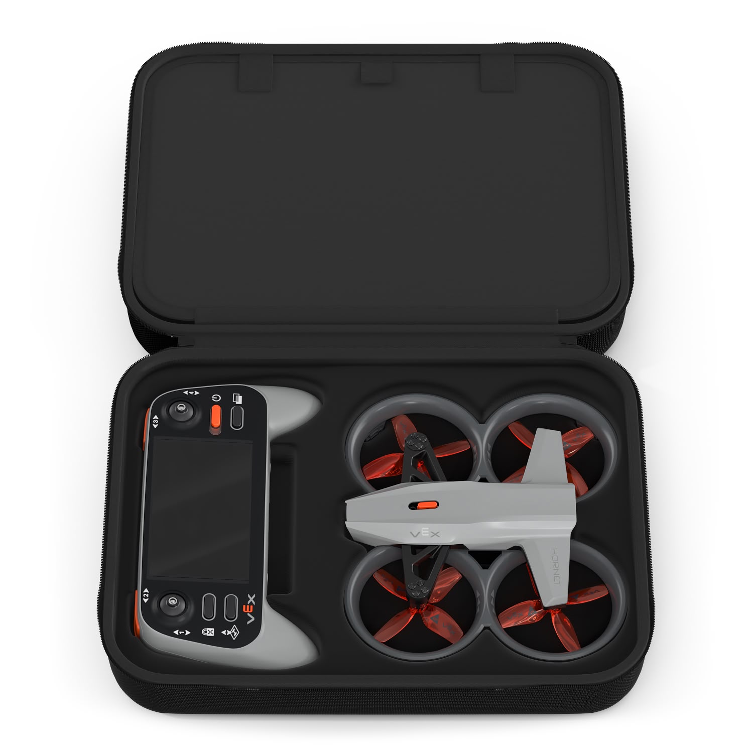 Caixa do kit VEX AIR aberta, mostrando a metade inferior com o compartimento para o drone e o comando.