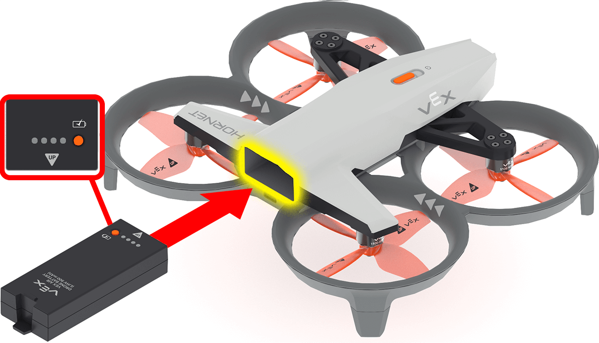 Drone VEX AIR avec un détail mis en valeur à l'arrière. Une flèche pointe vers la zone arrière, une batterie se trouvant de l'autre côté de la flèche. Une indication sur la batterie montre que l'étiquette « haut » est orientée vers le haut de l'image et est la plus proche de l'extrémité insérée dans le drone.