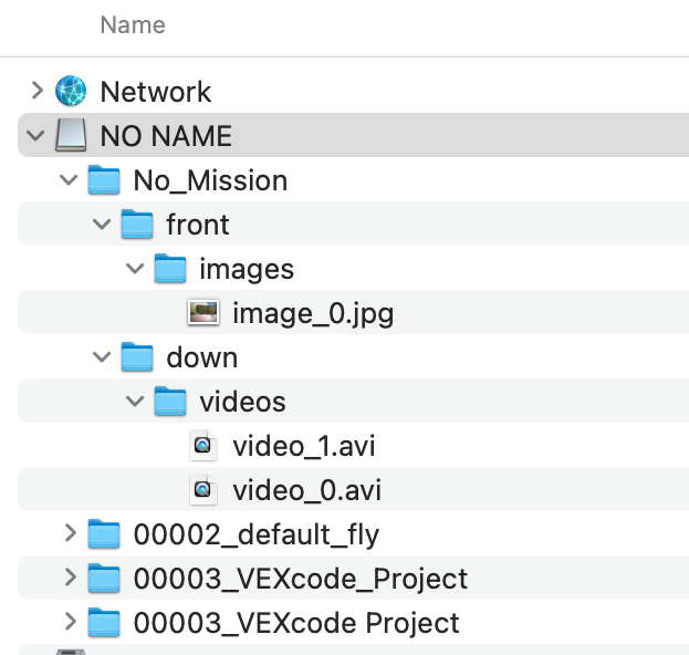 デバイスのファイル管理システムのスクリーンショット。展開された No Name デバイスと、ネストされたリストで利用可能なすべてのミッション データ ファイルが表示されています。