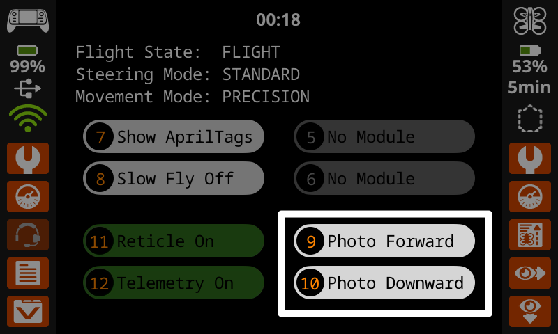 Пользовательский экран проекта Default Fly с выделенными на экране кнопками 9 и 10 для «Фото вперед» и «Фото вниз».