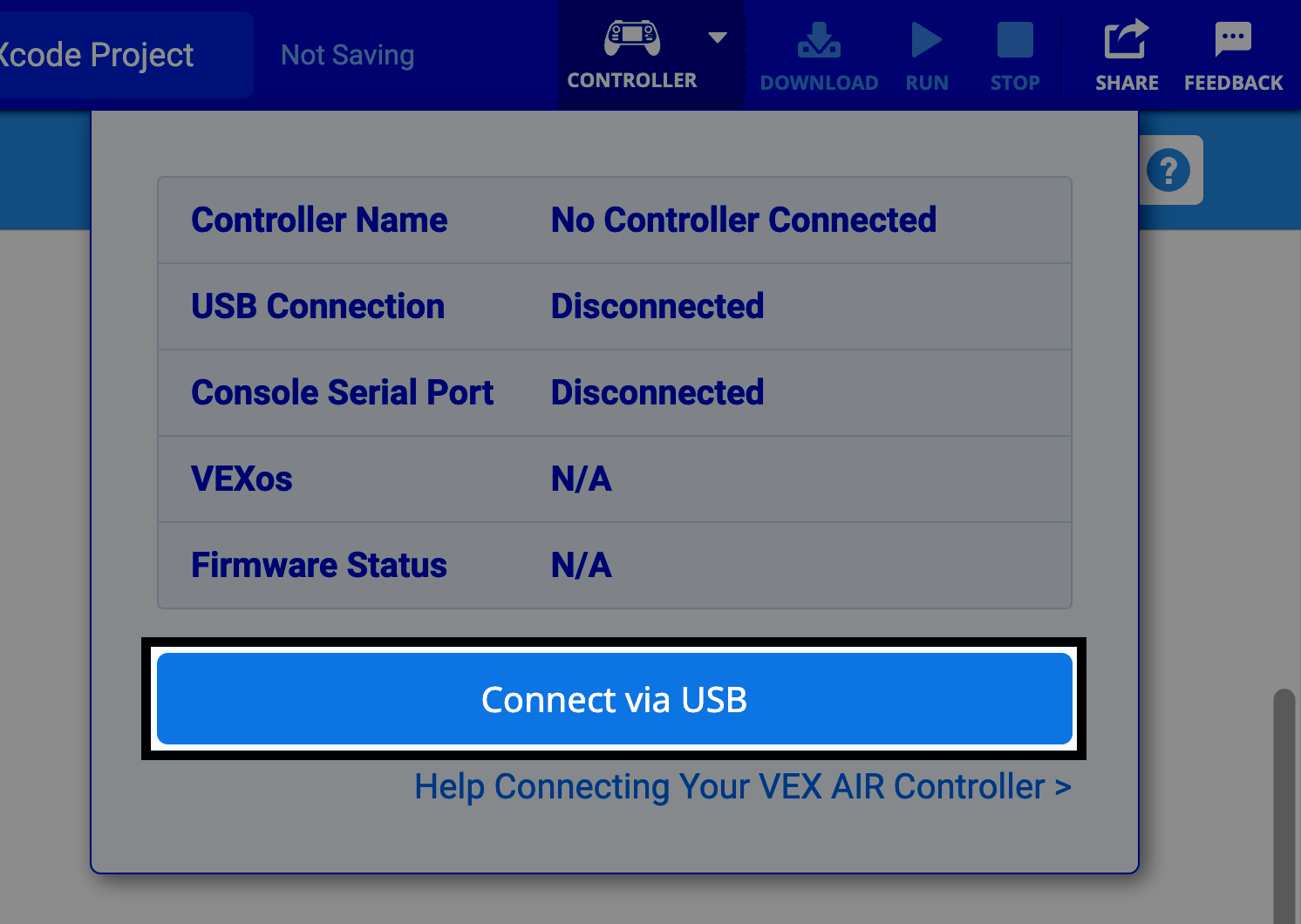 Valdiklio būsenos lange rodoma, kad valdiklis neprijungtas. USB jungtis ir konsolės nuoseklusis prievadas nurodyti kaip atjungti, o programinės įrangos informacija nepasiekiama. Mygtukas „Prijungti per USB“ yra paryškintas.