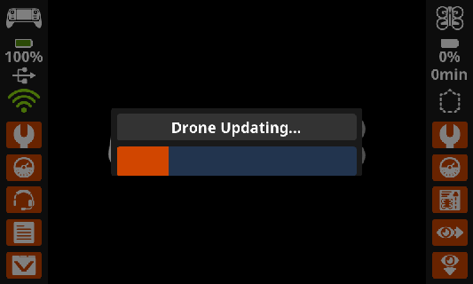De voortgangsbalk voor het updaten van de drone wordt weergegeven op het controllerscherm. De oranje en blauwe balk geeft aan dat de update wordt uitgevoerd.