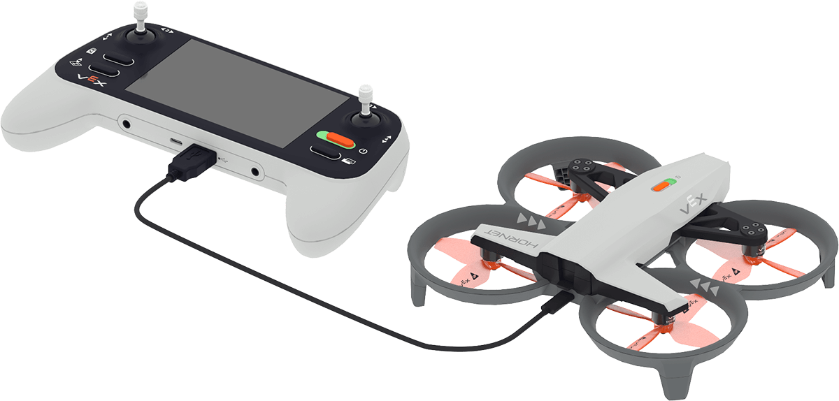 Controller per drone VEX AIR collegato a un drone VEX AIR tramite cavo USB.