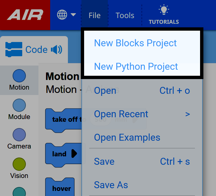 Het VEXcode AIR-bestandmenu wordt geopend en de opties voor het New Blocks Project en New Python Project worden gemarkeerd.