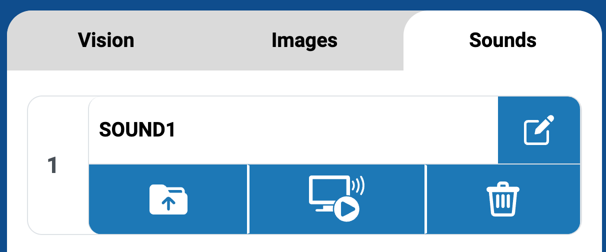 Registerkarte „Sounds“ mit einem in Slot 1 hochgeladenen Sound. Unterhalb des Namens des Sounds werden Optionen als auswählbare blaue Schaltflächen angezeigt.