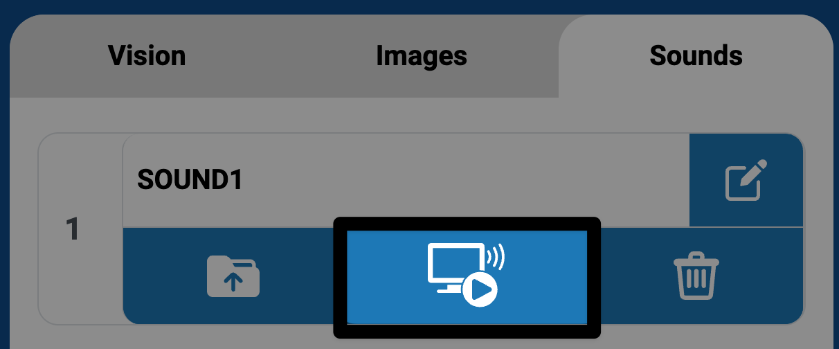 Se resalta el icono de sonido que muestra una pantalla de computadora y un botón de reproducción. Es el centro de tres iconos en la ranura.