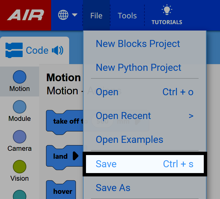 Le menu Fichier de VEXcode AIR s'ouvre avec l'option Enregistrer mise en surbrillance, ainsi que le raccourci Ctrl + S.