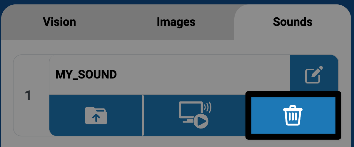 Het prullenbakpictogram in slot 1 van het tabblad Geluiden is gemarkeerd. Het is het meest linkse van de drie iconen.