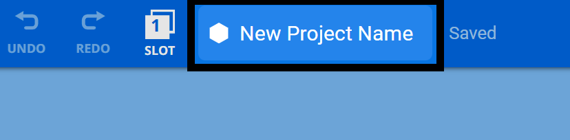 VEXcode AIR-Projektkopfzeile mit Anzeige des gespeicherten Projekts mit dem Namen „Neuer Projektname“.