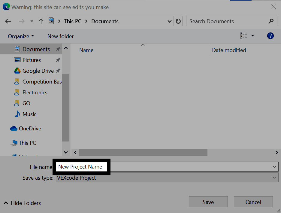 Cuadro de diálogo de guardado de Windows abierto con el campo de nombre de archivo establecido en 'Nuevo nombre de proyecto' y el tipo de archivo establecido en Proyecto VEXcode.