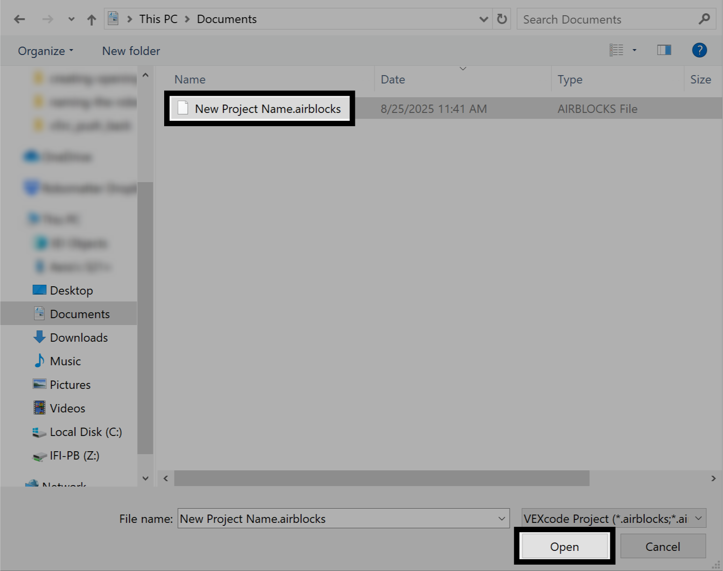 Seçili dosya olan 'Yeni Proje Adı.airblocks'u gösteren ve Aç düğmesinin vurgulandığı Windows açık iletişim kutusu.