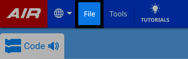 Giao diện VEXcode AIR với tab File được đánh dấu trên thanh menu trên cùng.