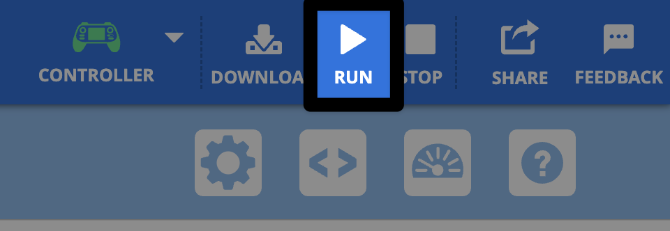 Sudut kanan atas Toolbar VEXcode AIR, dengan tombol Jalankan disorot, di antara tombol Unduh dan Berhenti, di sebelah kanan ikon Pengontrol hijau.