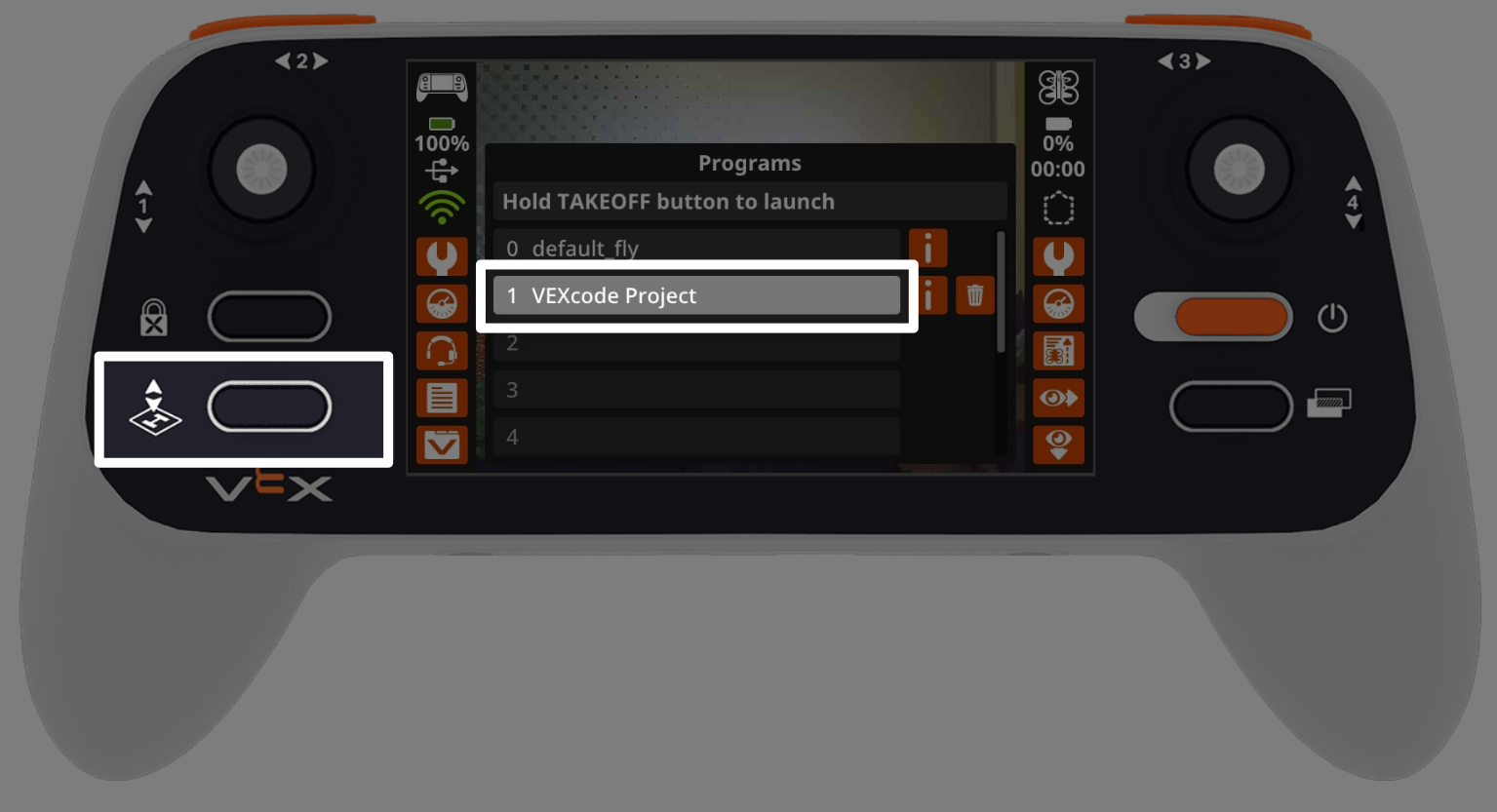 O controlador apresenta o menu Programas no ecrã, com o projeto VEXcode no slot 1 destacado. À direita, o botão de descolagem está destacado, indicando qual o botão a pressionar para iniciar o projeto.