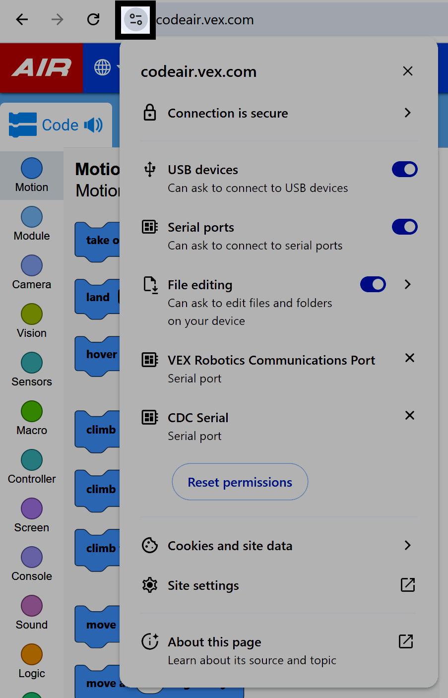 Painel de informação do site codeair.vex.com no browser, mostrando a ligação segura, permissões para dispositivos USB, portas série, edição de ficheiros, porta de comunicação VEX Robotics e porta série CDC.
