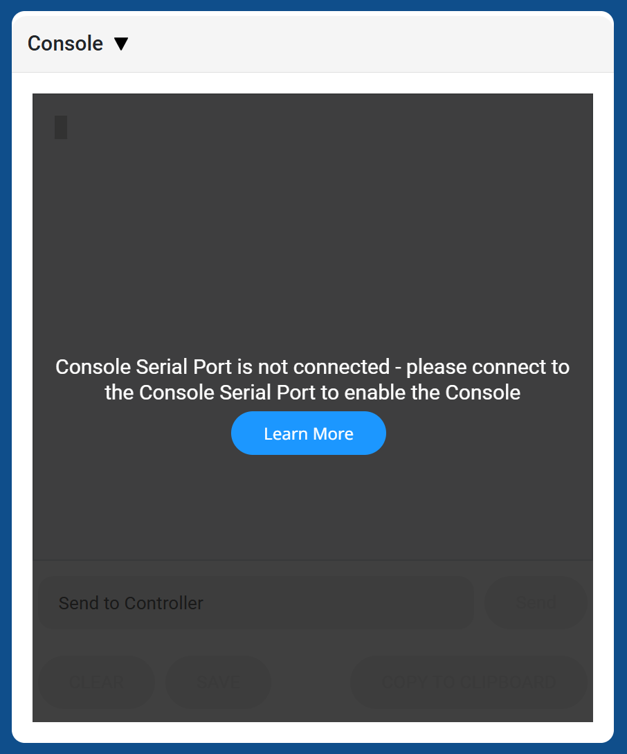 Het consolevenster met het bericht: Console Serial Port is niet aangesloten. Maak verbinding met de console seriële poort om de weergegeven console in te schakelen. Eronder vindt u een knop 'Meer informatie'.