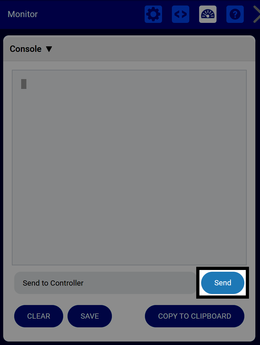 A janela da Consola apresenta o mesmo layout, com a caixa de entrada rotulada como "Enviar para o Controlador". O botão Enviar está destacado.
