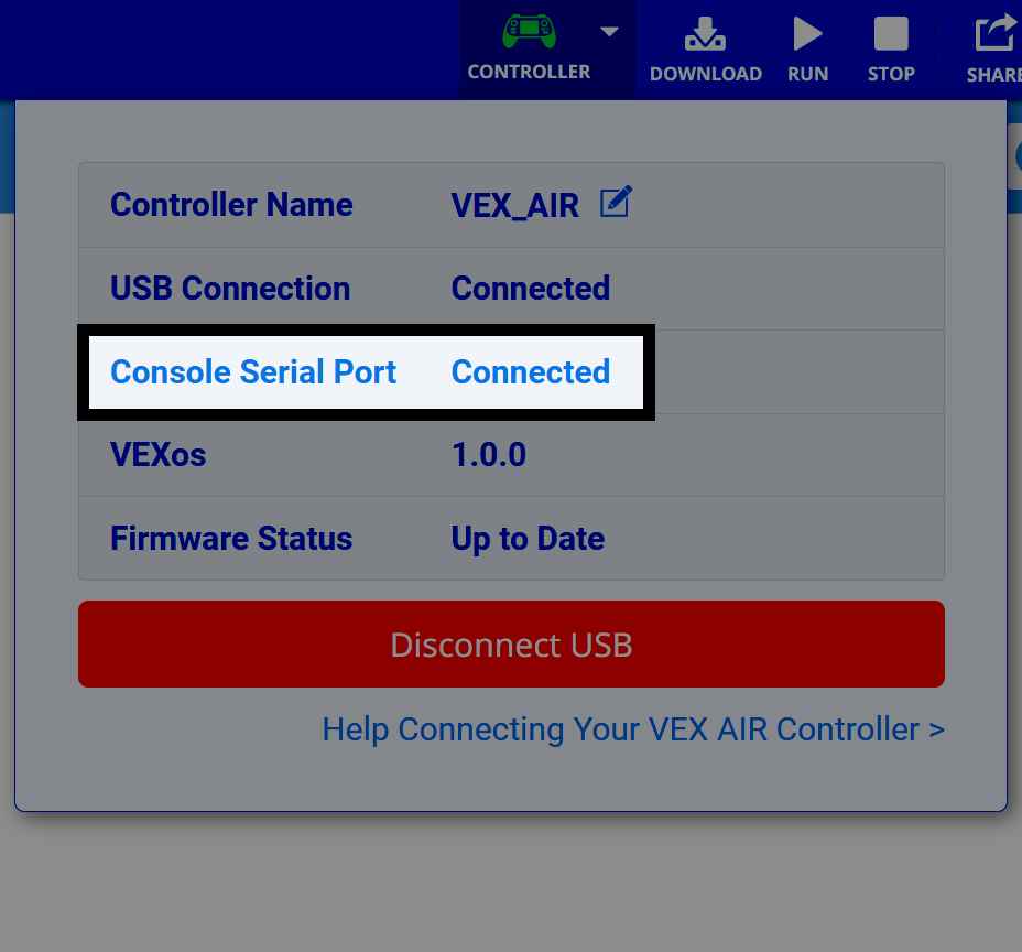 El panel de estado del controlador muestra el puerto serie de la consola conectado bajo la información del controlador VEX AIR. Otros estados muestran Conexión USB conectada, VEXos 1.0.0 y Estado del firmware actualizado.