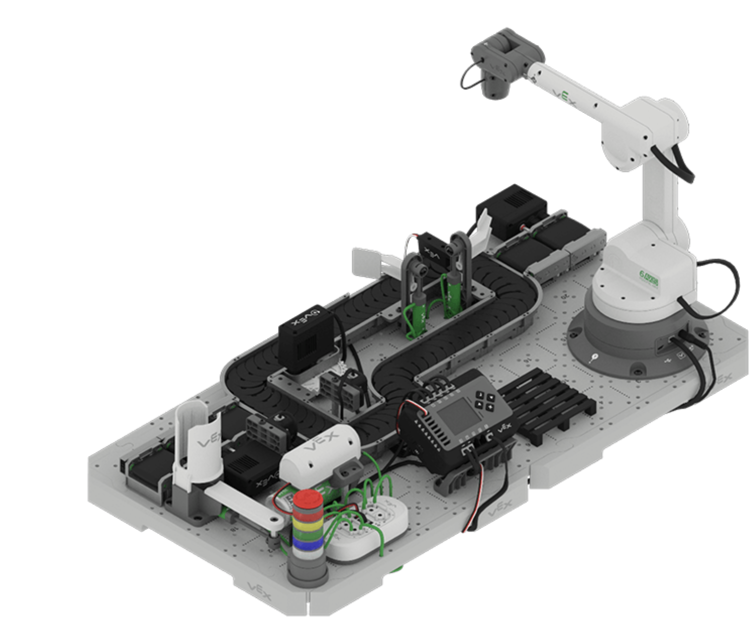Schema eines Fördersystems, das in der beruflichen und technischen Ausbildung eingesetzt wird und die wichtigsten Komponenten sowie deren Funktionen bei der Materialhandhabung und dem Transport veranschaulicht.