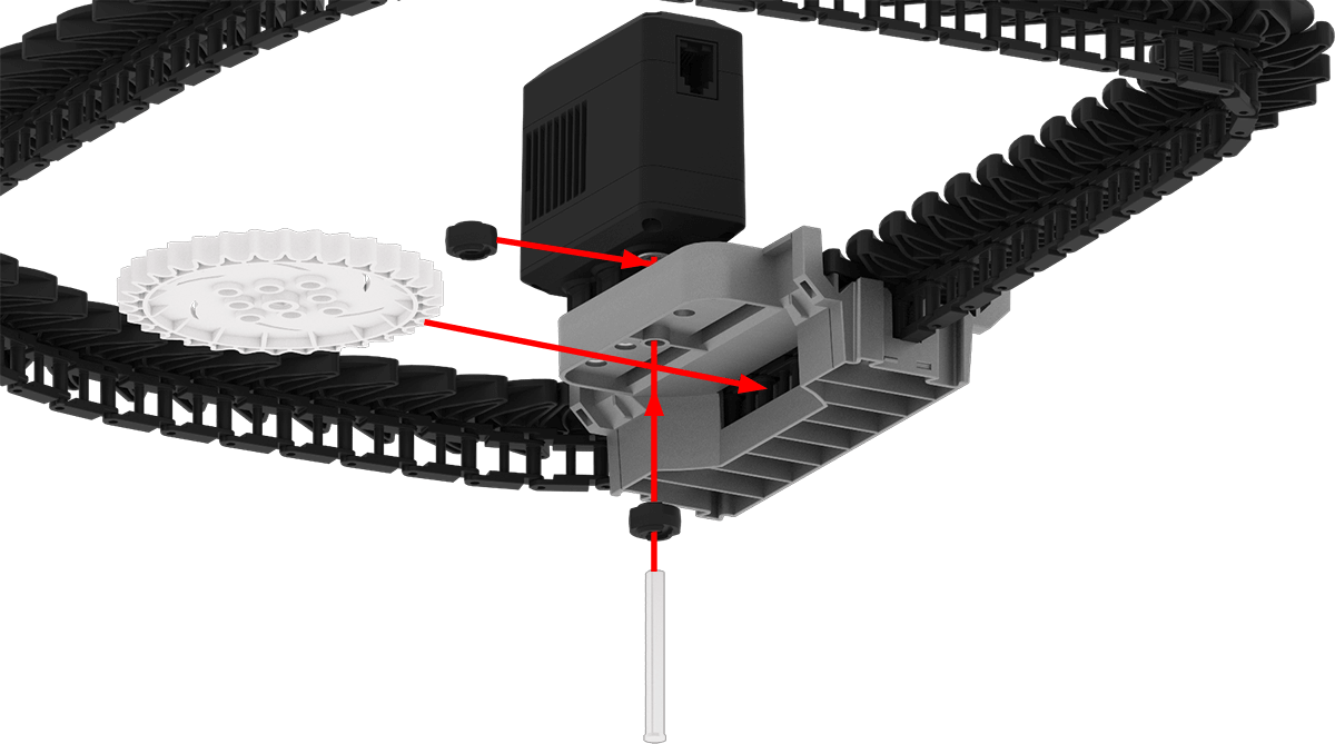 Egy szállítószalag-rendszer diagramja, amely a szakmai és műszaki képzés szempontjából releváns különféle alkatrészeket és azok funkcióit szemlélteti.