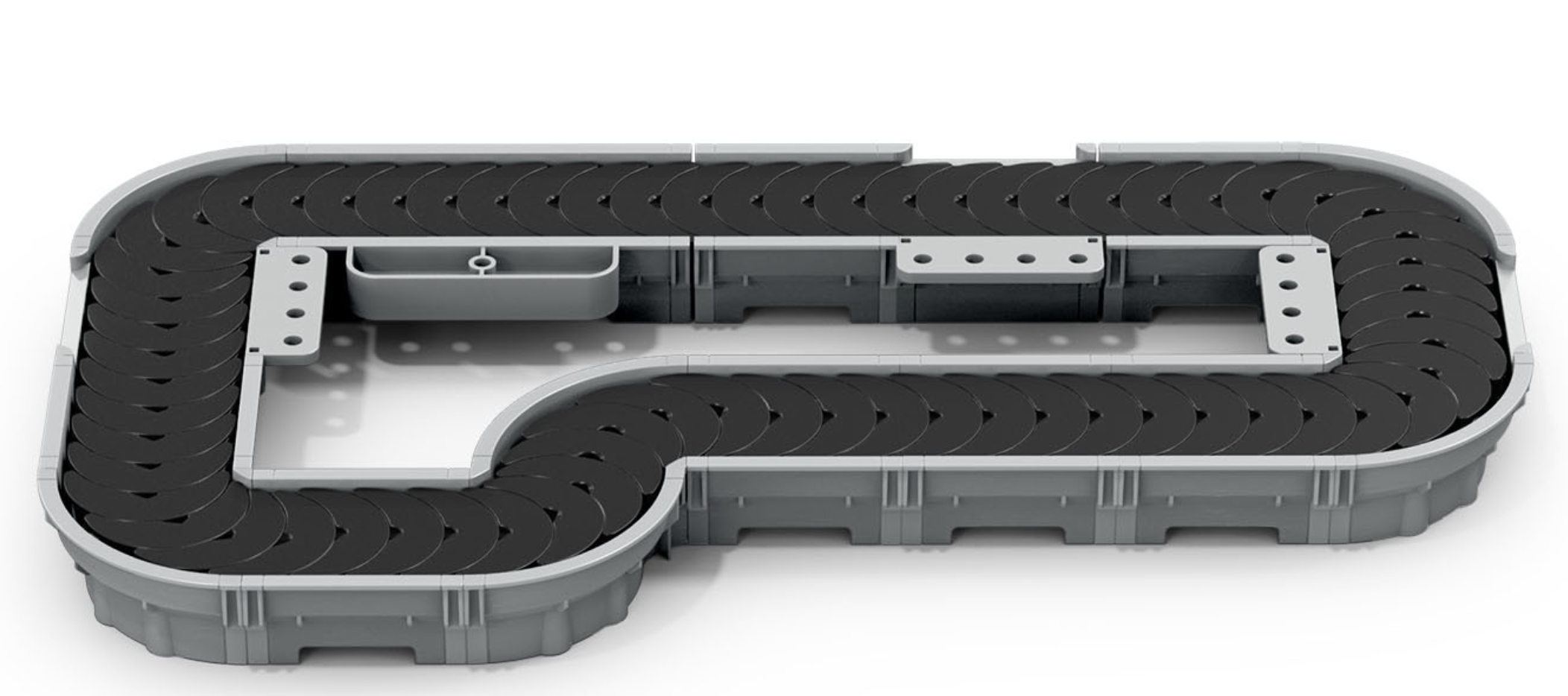 Diagram över ett transportbandssystem som används inom yrkes- och teknisk utbildning, som illustrerar viktiga komponenter och deras funktioner, inklusive band, rullar och stödstrukturer.