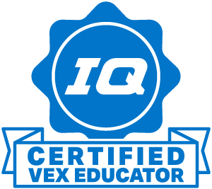 Bovenaan staat een blauwe badge met het IQ-logo en onderaan het lint staat de tekst Certified VEX Educator.